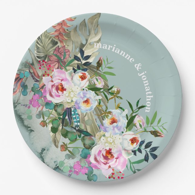 Chic Aquamarine Personalisiert Floral Eukalyptus Pappteller (Vorderseite)