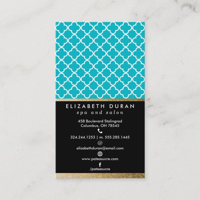 Chic-aquamarine schwarze GoldQuatrefoil Visitenkarte (Vorderseite)