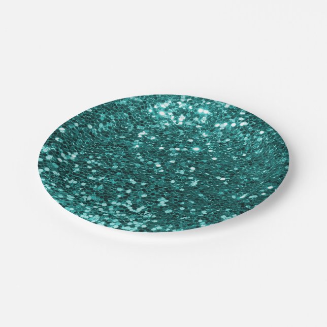 Chic-aquamariner Imitat-Glitzer Pappteller (Schrägansicht)