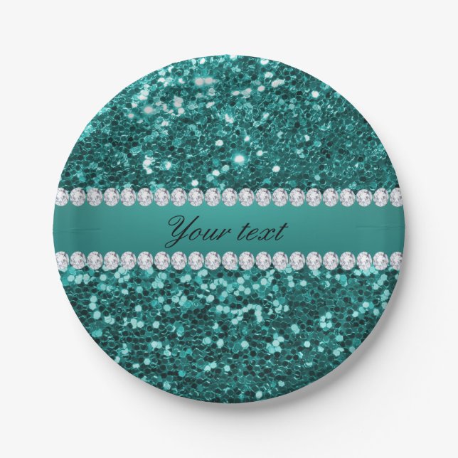 Chic-aquamariner Imitat-Glitzer und Diamanten Pappteller (Vorderseite)