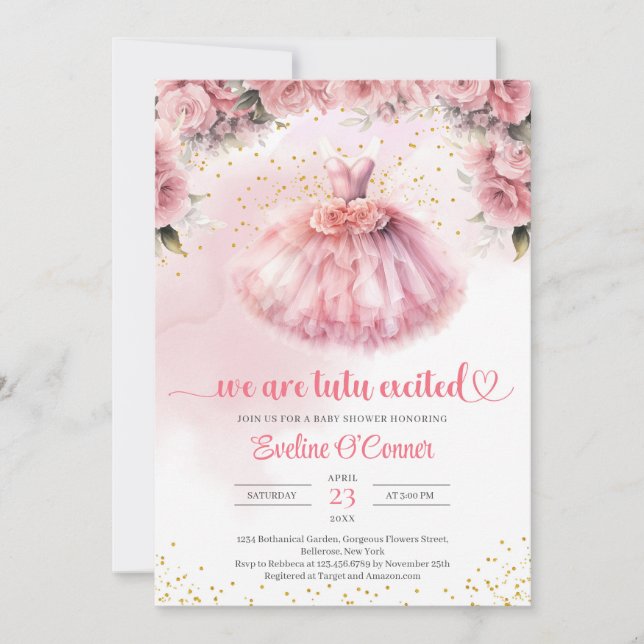 Chic Aquarell Ballerina Kleid Mädchen Baby Dusche Einladung (Vorderseite)