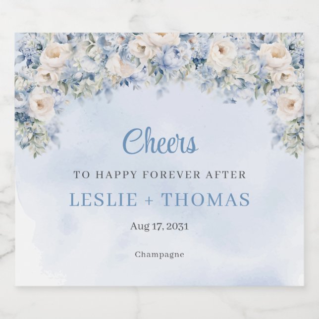 Chic Aquarell Blau und Elfenbein Rose Eukalyptus (Einzelnes Label)