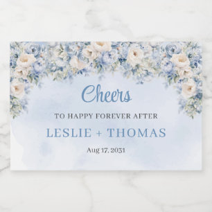 Chic Aquarell Blau und Elfenbein Rose Eukalyptus Alkoholflaschenetikett