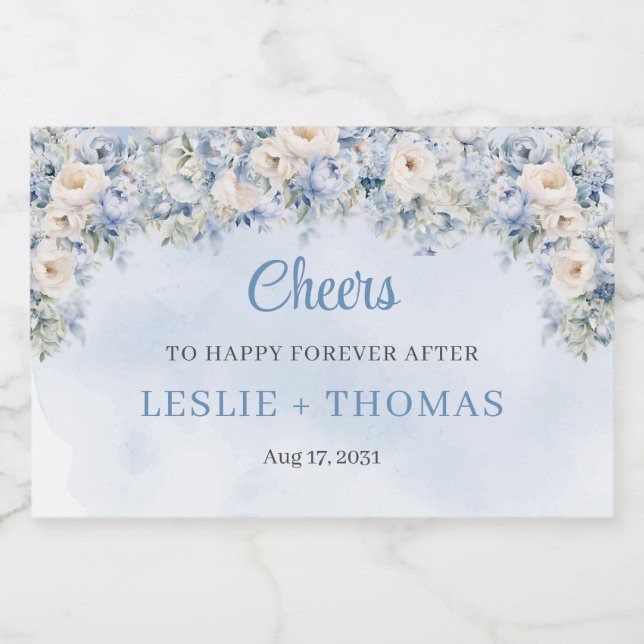 Chic Aquarell Blau und Elfenbein Rose Eukalyptus Alkoholflaschenetikett (Einzelnes Label)