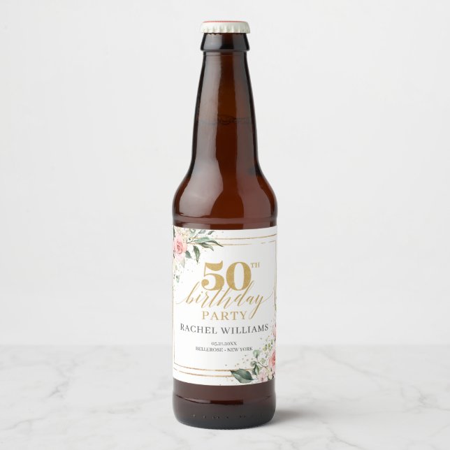 Chic Aquarell Blume Gold 50. Geburtstag Bierflaschenetikett (Vorderseite)