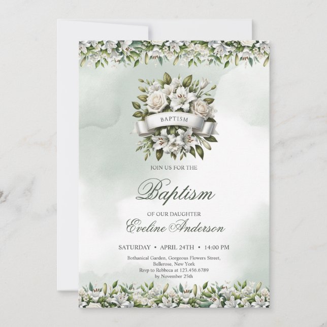 Chic Aquarell Blumenkranz mit Band Taufe Einladung (Vorderseite)