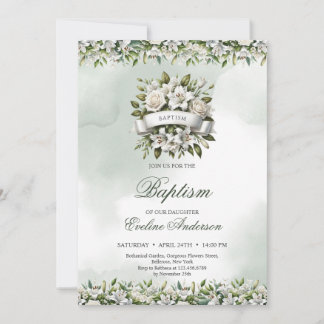 Chic Aquarell Blumenkranz mit Band Taufe Einladung