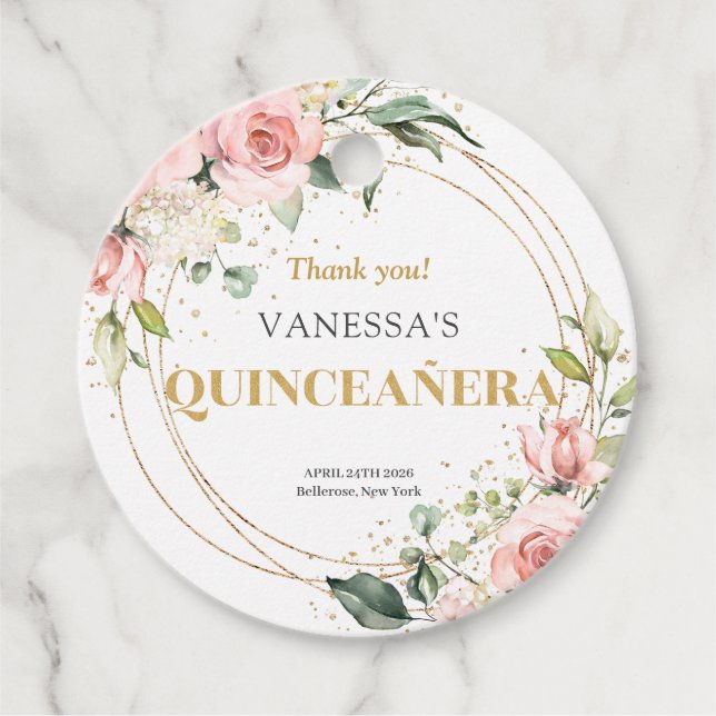 Chic Aquarell Blütengold Salbei Quinceanera Geschenkanhänger (Vorderseite)