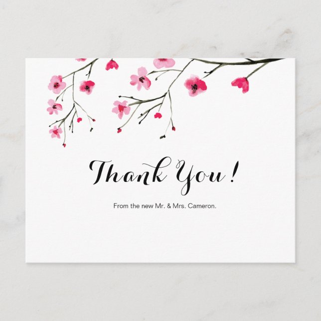 Chic Aquarell Cherry Blossom Hochzeit Vielen Dank Postkarte (Vorderseite)