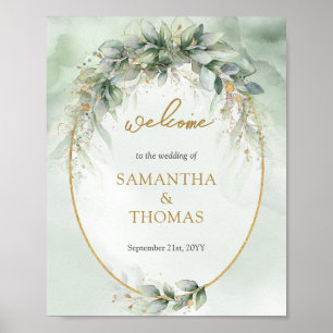Chic Aquarell Grün und Gold Hochzeitsempfang Poster