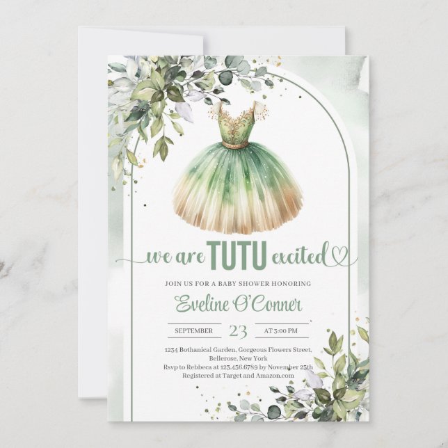 Chic Aquarell grün und Gold Tutu Mädchen Einladung (Vorderseite)