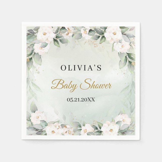 Chic Aquarell grün und weiß Blume Babydusche Serviette (Vorderseite)