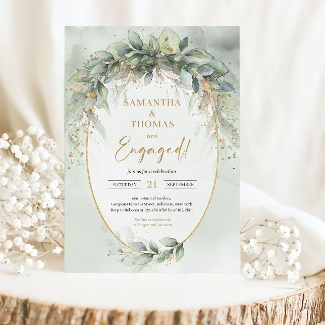 Chic Aquarell und goldene Verlobung Einladung (Watercolor greenery engagement invitation digital)