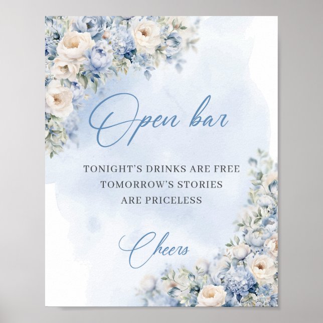 Chic Aquarellblau-weiße Rosen offene Bar Poster (Vorne)