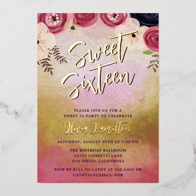 Chic Aquarelle Floral Sweet 16 Foil Invitation (Recto)