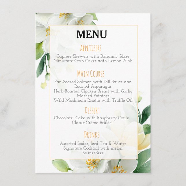 Chic Aquarelle Magnolia & Jasmine Menu Mariage (Devant)