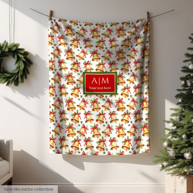 Chic Aquarellgold Weihnachtsglocken personalisiert Fleecedecke (Monogrammed watercolor Christmas tree cozy blanket)
