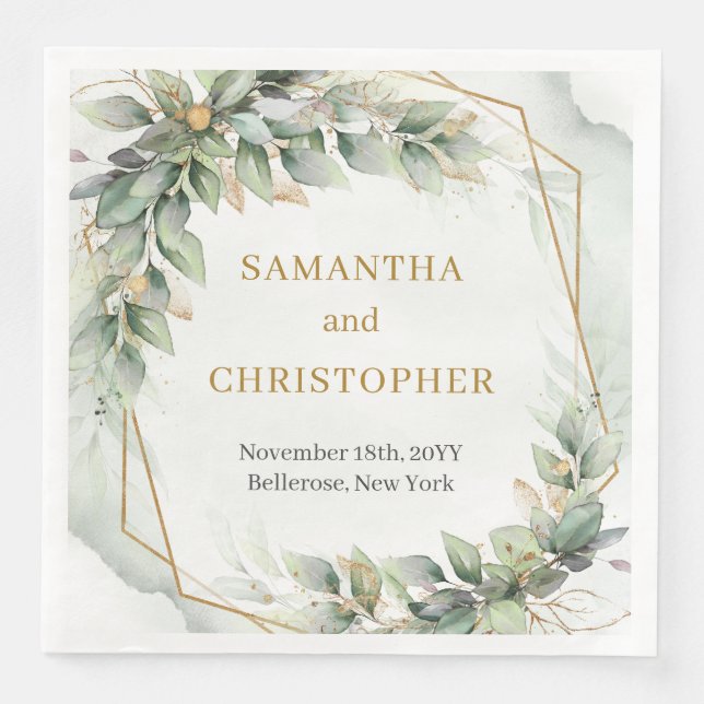 Chic Aquarellgrün Eukalyptus und Goldhochzeit Serviette (Vorderseite)