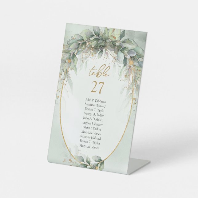Chic Aquarellgrün und Goldrahmen Hochzeit Sockelschild (Vorderseite)