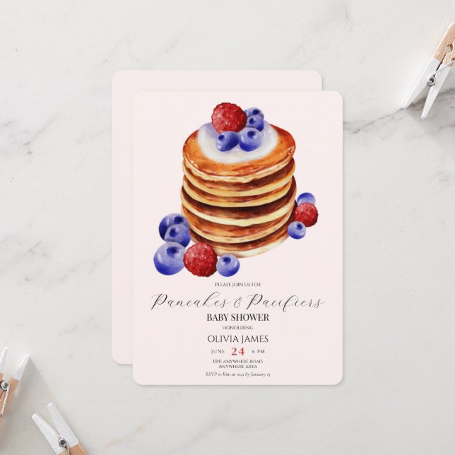 Chic Aquarellpfannkuchen Brunch & Baby Dusche Einladung (Vorderseite/Rückseite Beispiel)