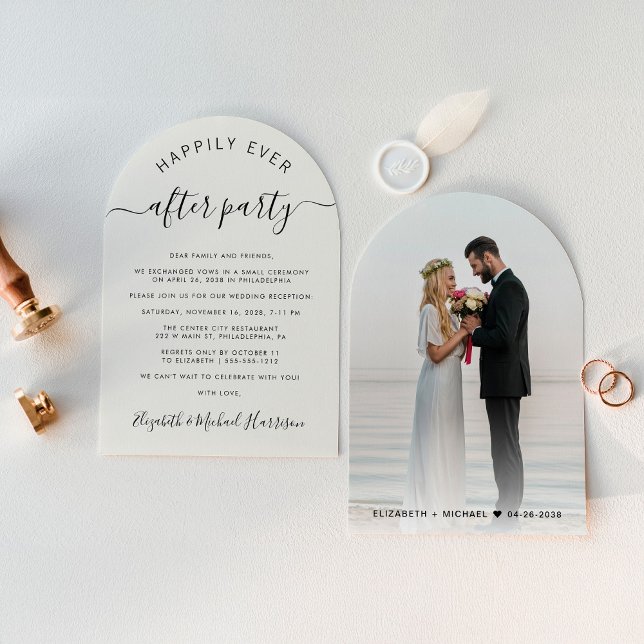 Chic Arch Foto Cream Wedding Empfang Einladung (Celebrate your love story with an invitation showcasing your favorite photo in an elegant arch frame)