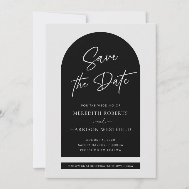 Chic Arch Frame Modern Script Black Wedding Save The Date (Vorderseite)