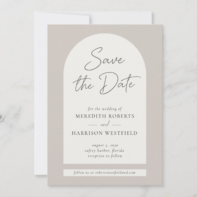 Chic Arch Frame Modern Script Taupe Ecru Wedding Save The Date (Vorderseite)