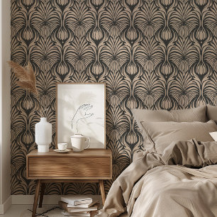 Chic Art Deco Blumenfedermuster Schwarz & Beige Tapete