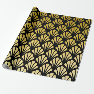 Chic Art Deco Fan Pattern Schwarz & Imitat Goldene Geschenkpapier