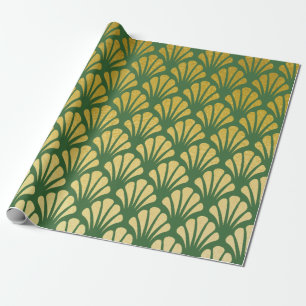 Chic Art Déco Fan Pattern Smaragde & Imitate Gold Geschenkpapier