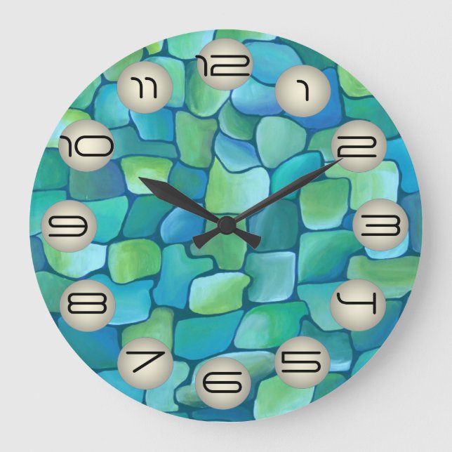 Chic Artistic Green Artdeco Muster in Aquarell Große Wanduhr (Vorderseite)