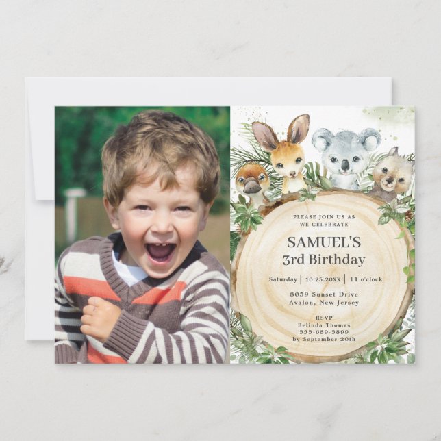 Chic Australian Animals Rustic Wood Birthday Foto Einladung (Vorderseite)