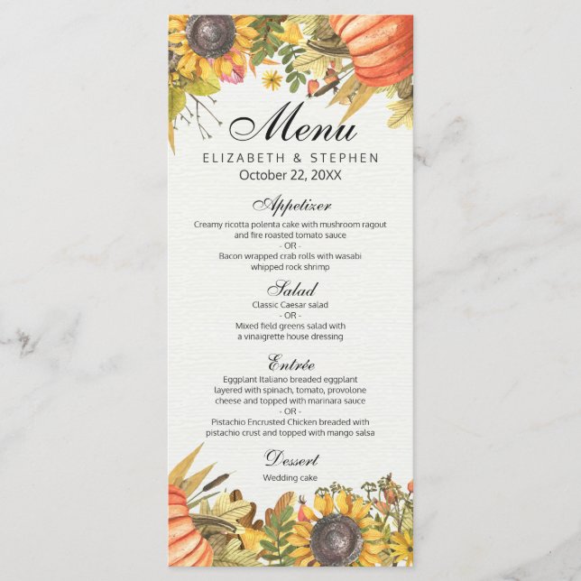 Chic Automne Maple Feuille Citrouille Menu Mariage (Devant)