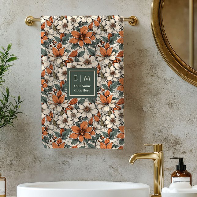 Chic Autumn Florals Olive Green Custom Bath Towel Badhandtuch Set (Chic Autumn Florals Olive Green Custom Bath Towel)