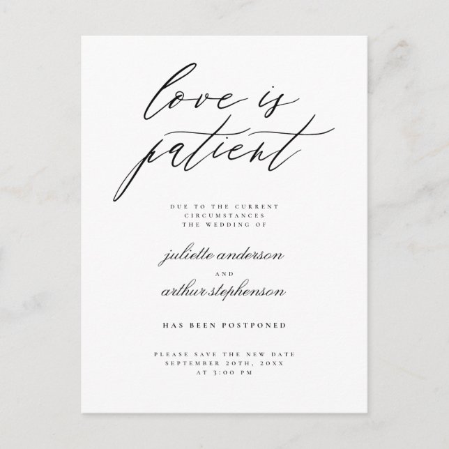 Chic B&W Liebe ist geduldige Hochzeitverlängerung Einladungspostkarte (Vorderseite)