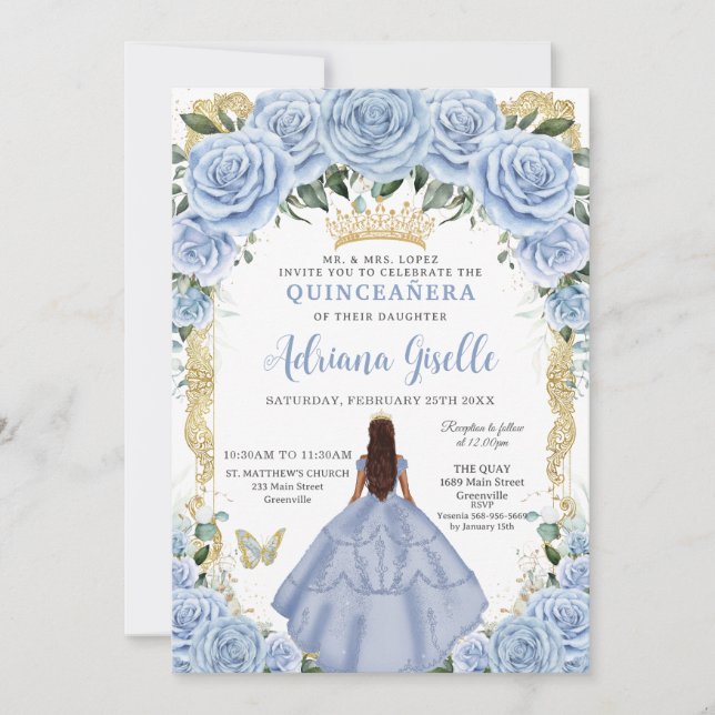 Chic Baby Blue Blume Brown Princess Quinceañera Einladung (Vorderseite)