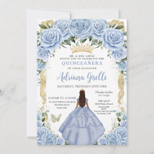 Chic Baby Blue Blume Brown Princess Quinceañera Einladung
