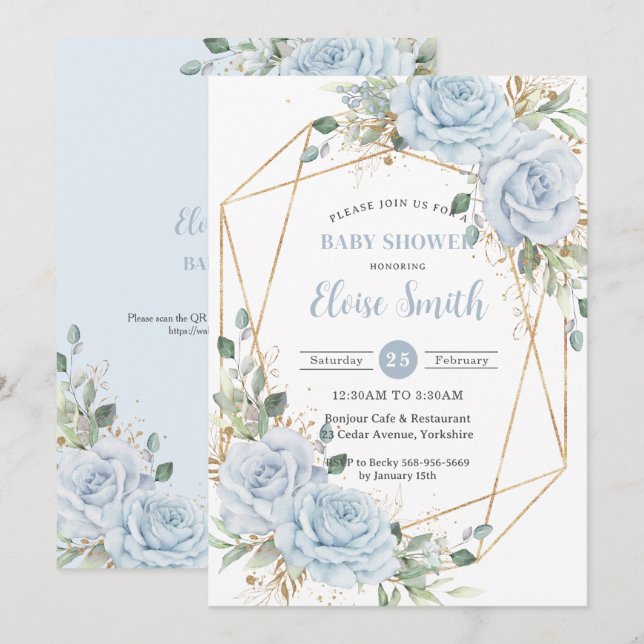 Chic Baby Blue Floral Boy Babydusche QR Code Einladung (Vorne/Hinten)
