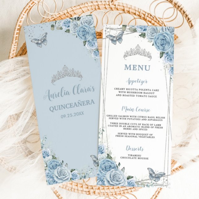 Chic Baby Blue Floral Butterfells Quinceañera Menü Programm (Von Creator hochgeladen)