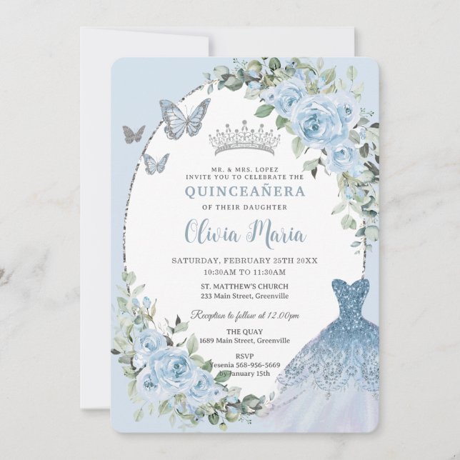 Chic Baby Blue Floral Dress Silver Quinceañera Einladung (Vorderseite)