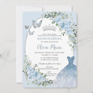 Chic Baby Blue Floral Dress Silver Quinceañera Einladung