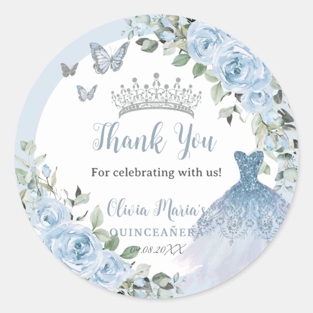 Chic Baby Blue Floral Dress Silver Quinceañera Runder Aufkleber (Vorderseite)