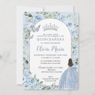 Chic Baby Blue Floral Princess Arch Quinceañera Einladung