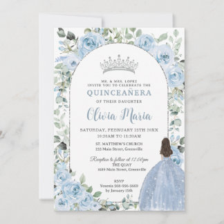 Chic Baby Blue Floral Princess Quinceañera Silver Einladung
