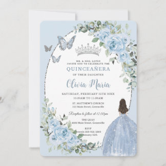 Chic Baby Blue Floral Princess Silver Quinceañera Einladung