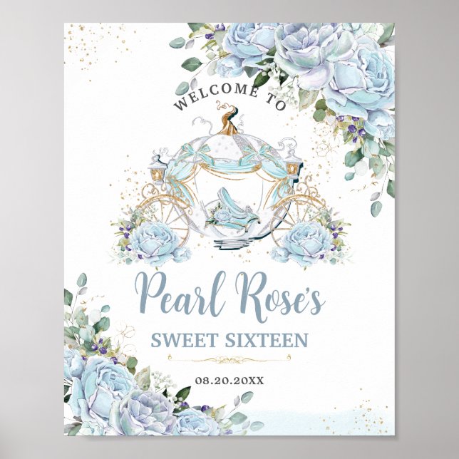 Chic Baby Blue Rose Princess Carriage Sweet 16 Poster (Vorne)
