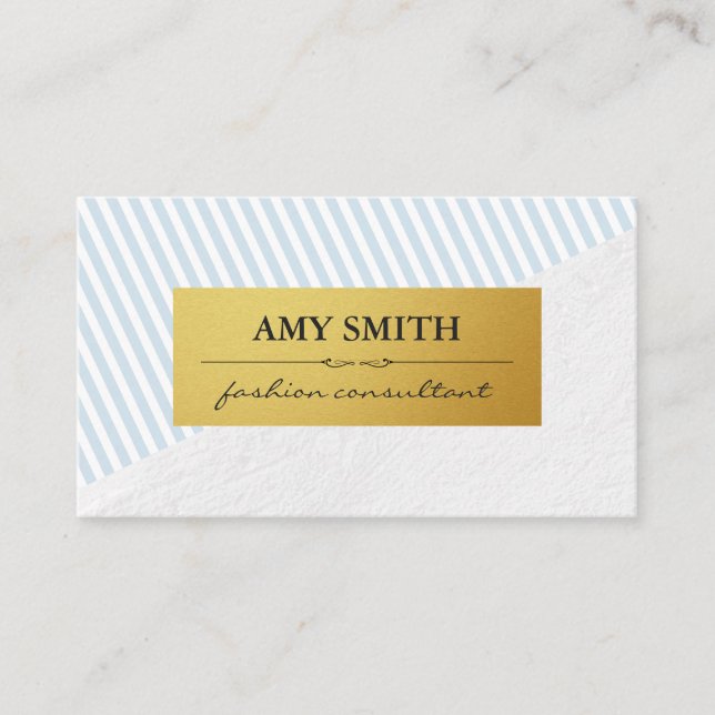 Chic Baby Blue White Stripes Imitate Metallic Gold Visitenkarte (Vorderseite)