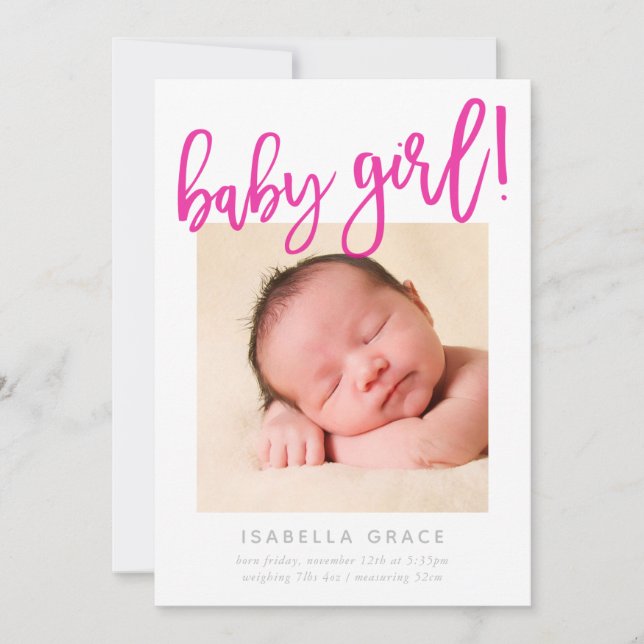 CHIC BABY FOTO Modernes Mädchen rosa Schrift Ankündigung (Vorderseite)