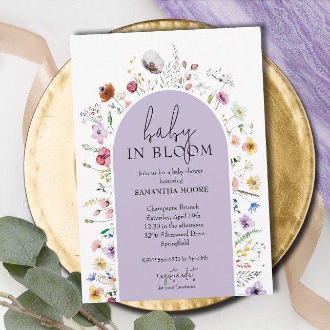 Chic Baby in Bloom Lila Baby Dusche Einladung (Baby in Bloom purple baby shower invitations, INSTANT DOWNLOAD and/or PRINTED)