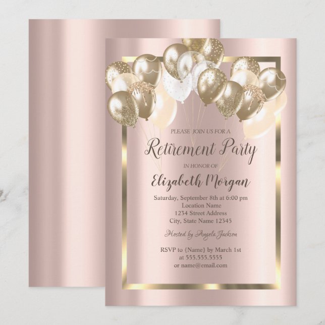 Chic Balloons, Rahmen, Rose Gold, Ruhestand Einladung (Vorne/Hinten)